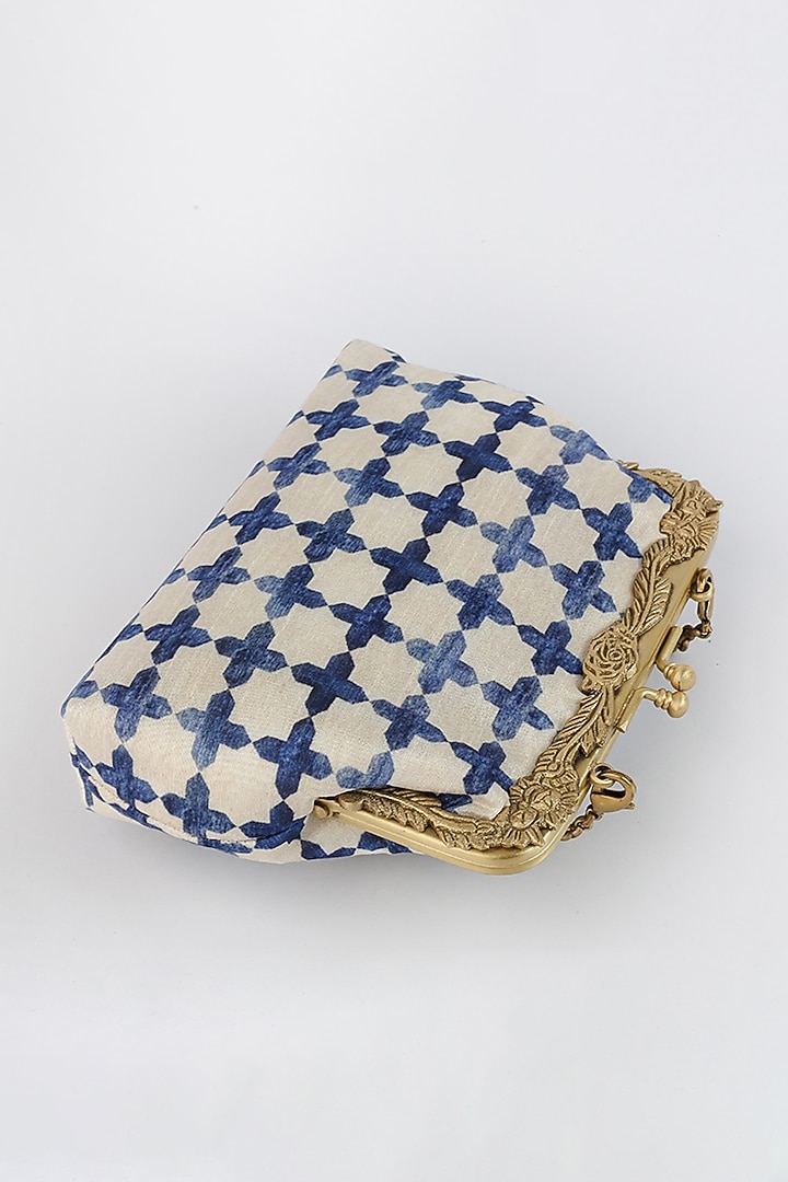 Off White Printed Potli Clutch With Jaal Work by Vareli Bafna Designs at Pernia's Pop Up Shop