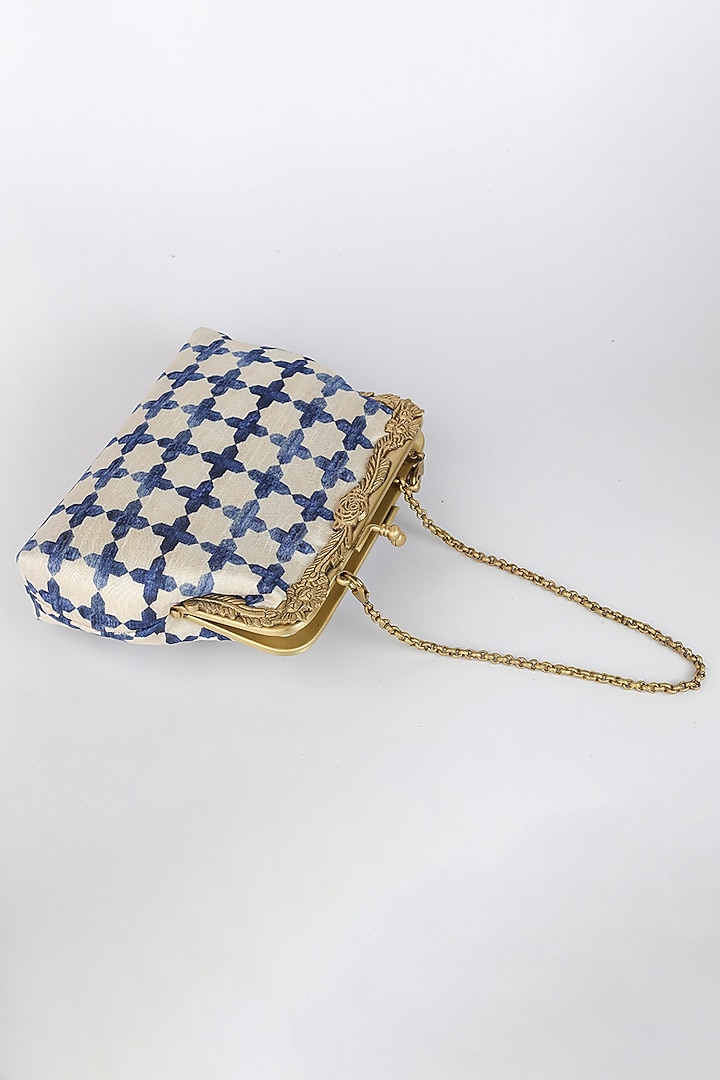 Off White Printed Potli Clutch With Jaal Work by Vareli Bafna Designs at Pernia's Pop Up Shop