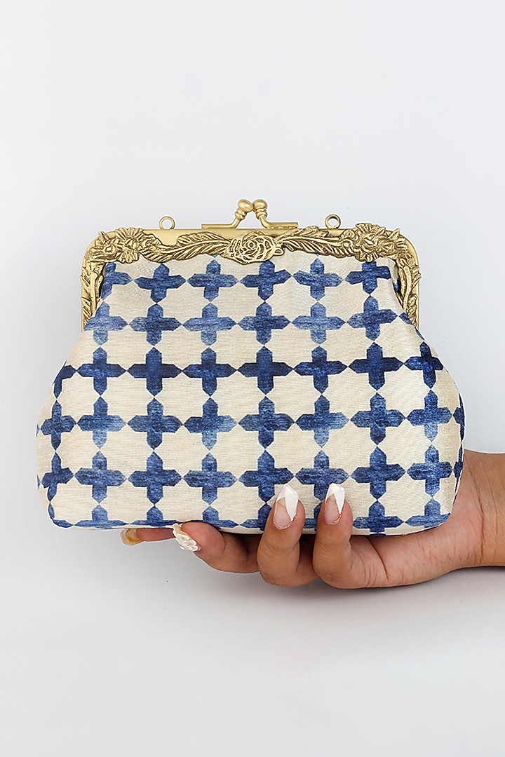 Off White Printed Potli Clutch With Jaal Work by Vareli Bafna Designs at Pernia's Pop Up Shop