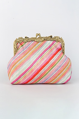 Multi Colored Potli Clutch With Diagonal Lines by Vareli Bafna Designs