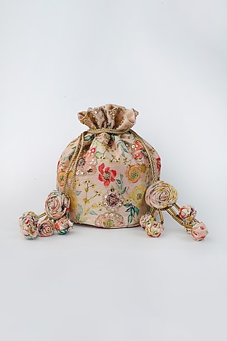 Blush Pink Printed & Embroidered Potli With Handmade Tassels by Vareli Bafna Designs