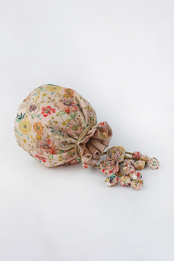 Blush Pink Printed & Embroidered Potli With Handmade Tassels by Vareli Bafna Designs at Pernia's Pop Up Shop