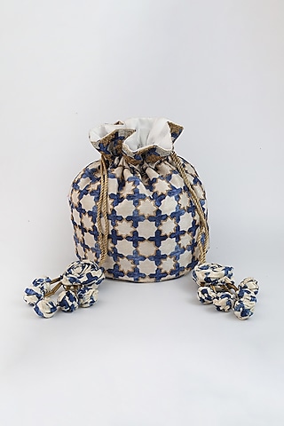 Off White Embroidered Potli With Handmade Tassels by Vareli Bafna Designs