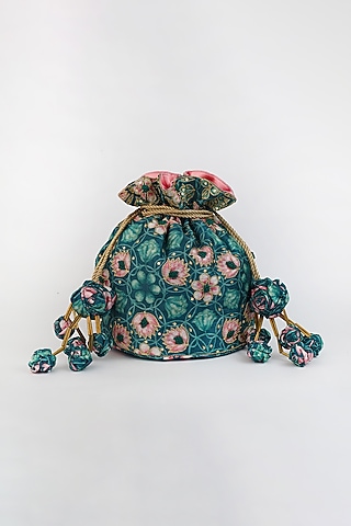 Green Printed & Embroidered Potli With Handmade Tassels by Vareli Bafna Designs