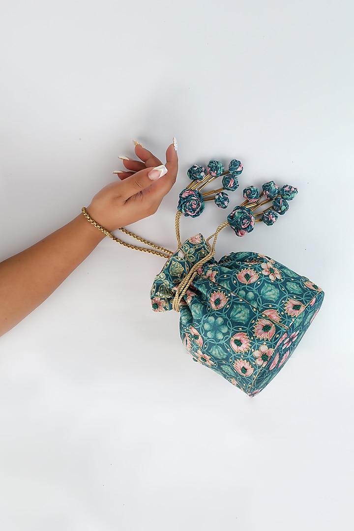 Green Printed & Embroidered Potli With Handmade Tassels by Vareli Bafna Designs at Pernia's Pop Up Shop