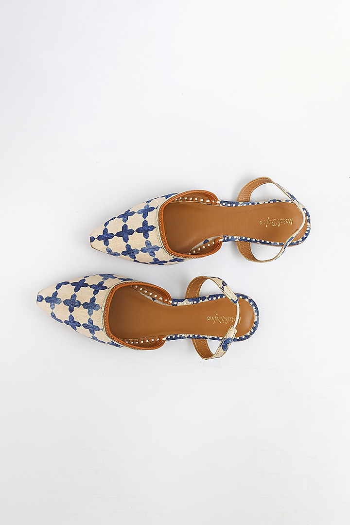 Pearl White & Royal Blue Embroidered Flats by Vareli Bafna Designs at Pernia's Pop Up Shop