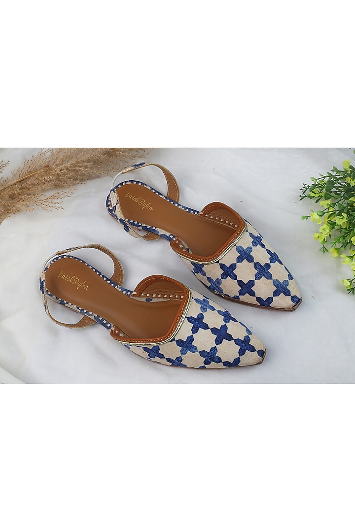 Pearl White & Royal Blue Embroidered Flats by Vareli Bafna Designs at Pernia's Pop Up Shop