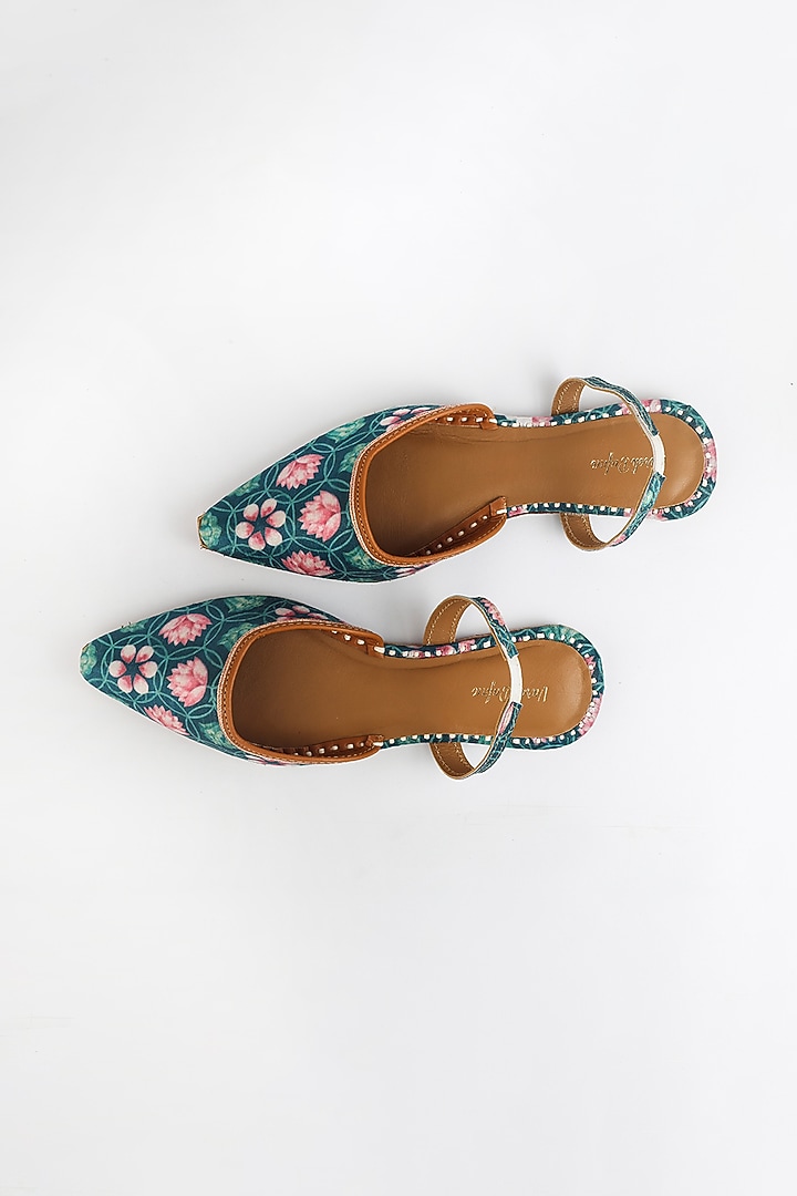 Emerald Green Printed & Embroidered Flats by Vareli Bafna Designs at Pernia's Pop Up Shop