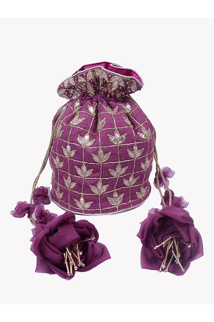 Purple Embroidered Potli With Floral Tassels by Vareli Bafna Designs