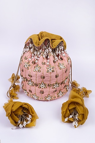Bubble Gum Pink Embroidered Potli With Floral Tassels by Vareli Bafna Designs