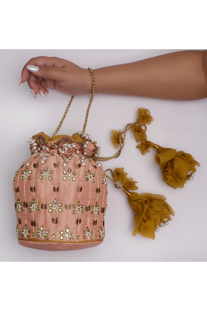 Bubble Gum Pink Embroidered Potli With Floral Tassels by Vareli Bafna Designs at Pernia's Pop Up Shop