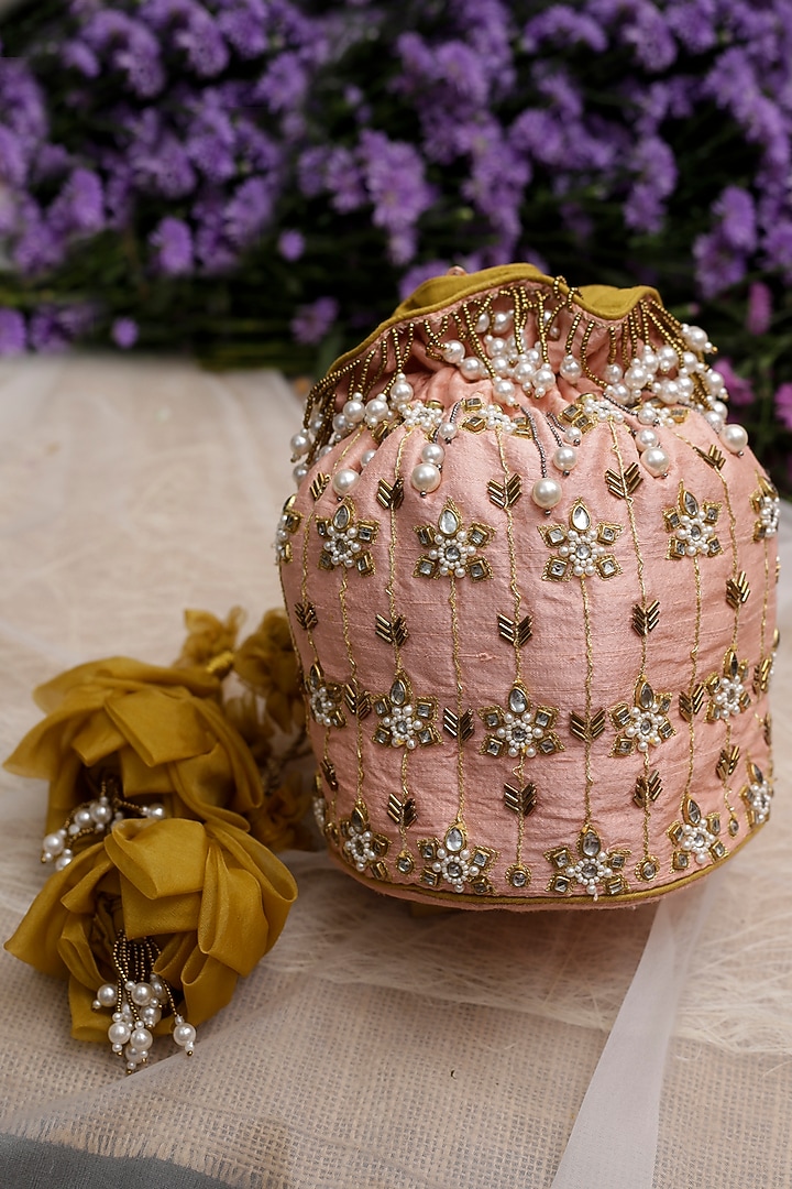 Bubble Gum Pink Embroidered Potli With Floral Tassels by Vareli Bafna Designs at Pernia's Pop Up Shop