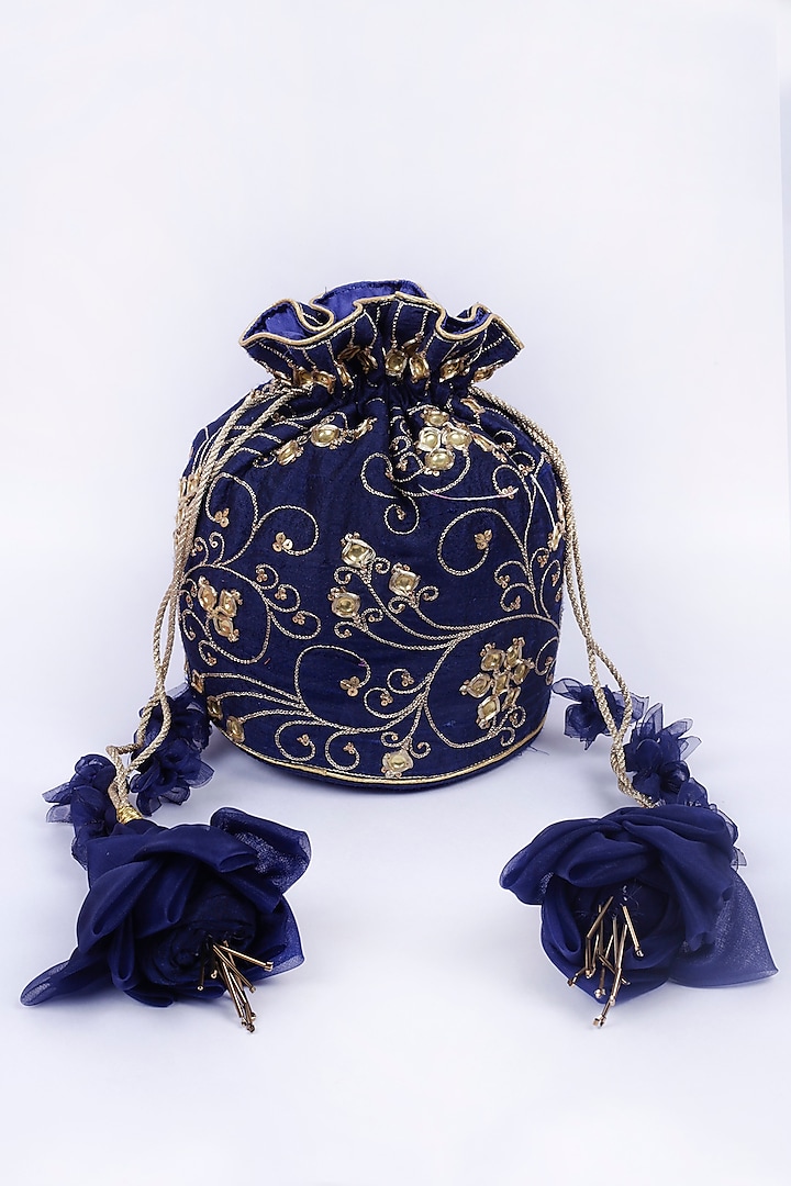 Royal Blue Embroidered Potli With Floral Tassels by Vareli Bafna Designs