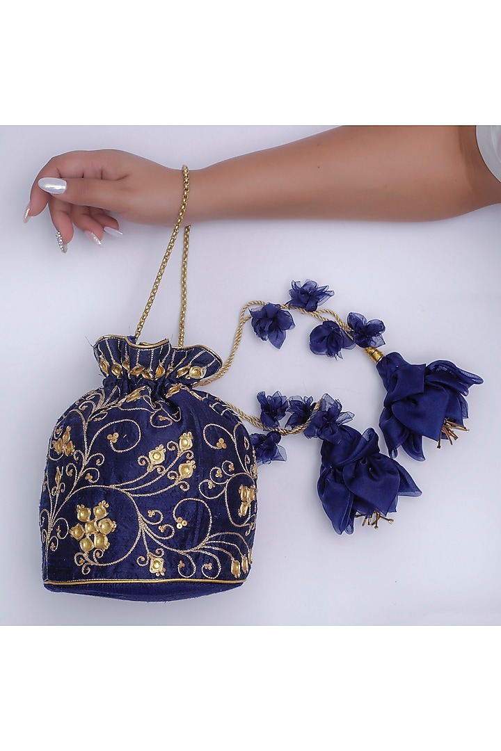 Royal Blue Embroidered Potli With Floral Tassels by Vareli Bafna Designs at Pernia's Pop Up Shop