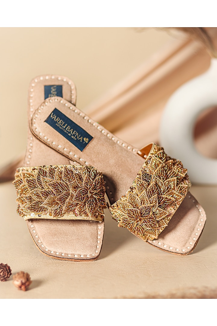 Golden Beaded Flats by Vareli Bafna Designs at Pernia's Pop Up Shop