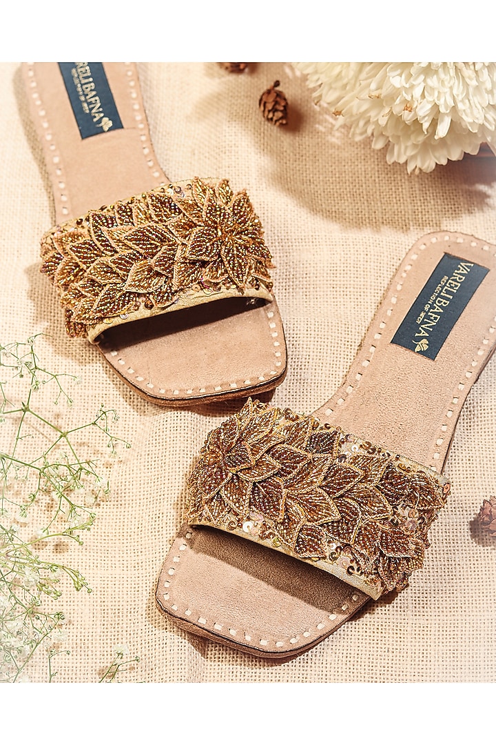 Golden Beaded Flats by Vareli Bafna Designs at Pernia's Pop Up Shop