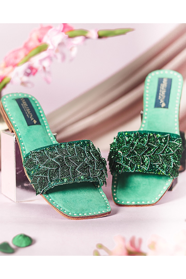 Green Beaded Flats by Vareli Bafna Designs at Pernia's Pop Up Shop