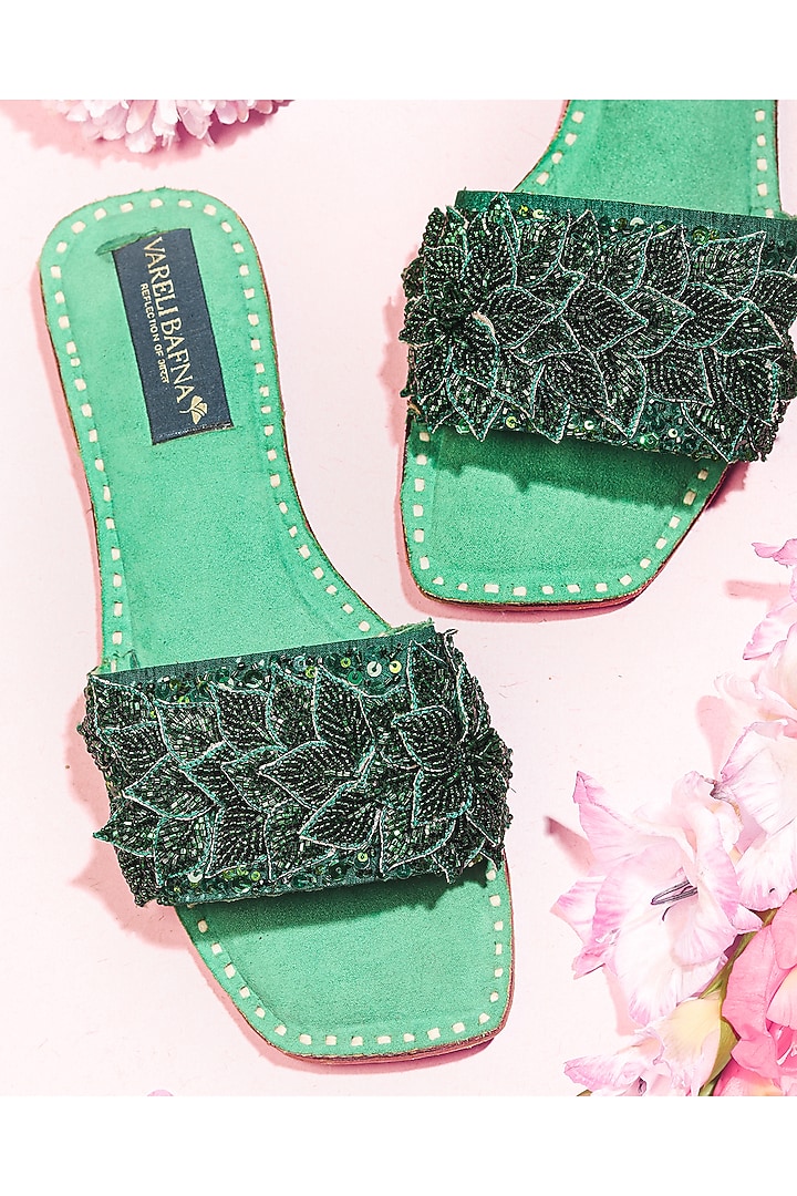 Green Beaded Flats by Vareli Bafna Designs at Pernia's Pop Up Shop