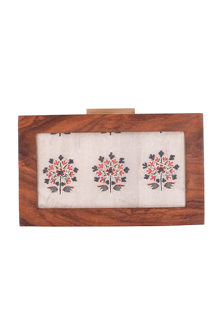 Grey Printed & Embroidered Sling Clutch by Vareli Bafna Designs