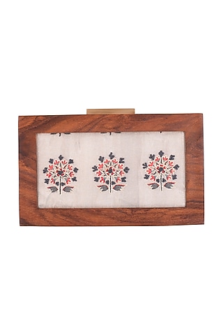 Grey Printed & Embroidered Sling Clutch by Vareli Bafna Designs