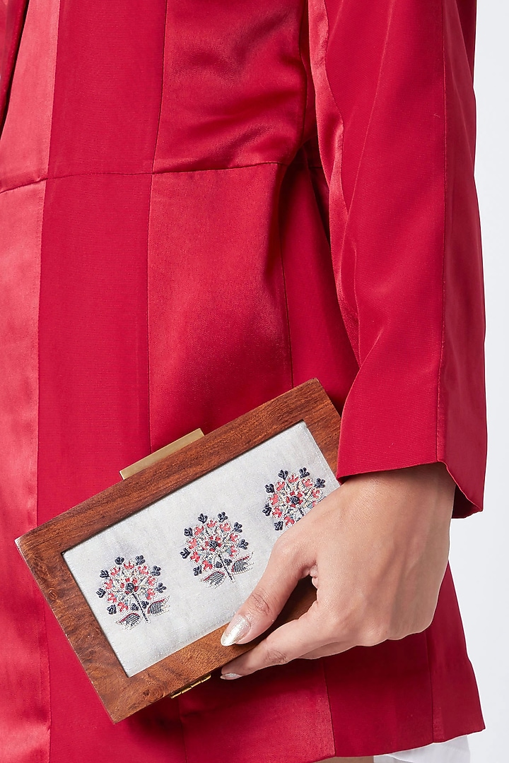 Grey Printed & Embroidered Sling Clutch by Vareli Bafna Designs at Pernia's Pop Up Shop