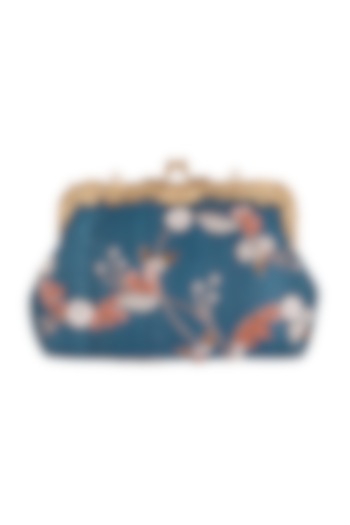 Teal Blue Floral Embroidered Clutch by Vareli Bafna Designs