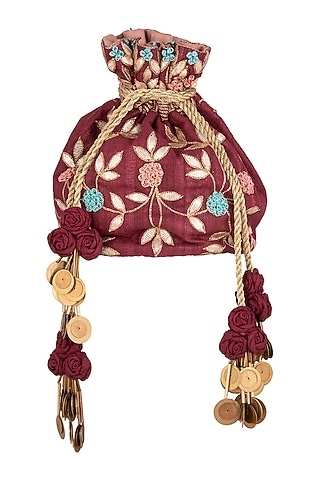 Maroon Resham Embroidered Potli by Vareli Bafna Designs