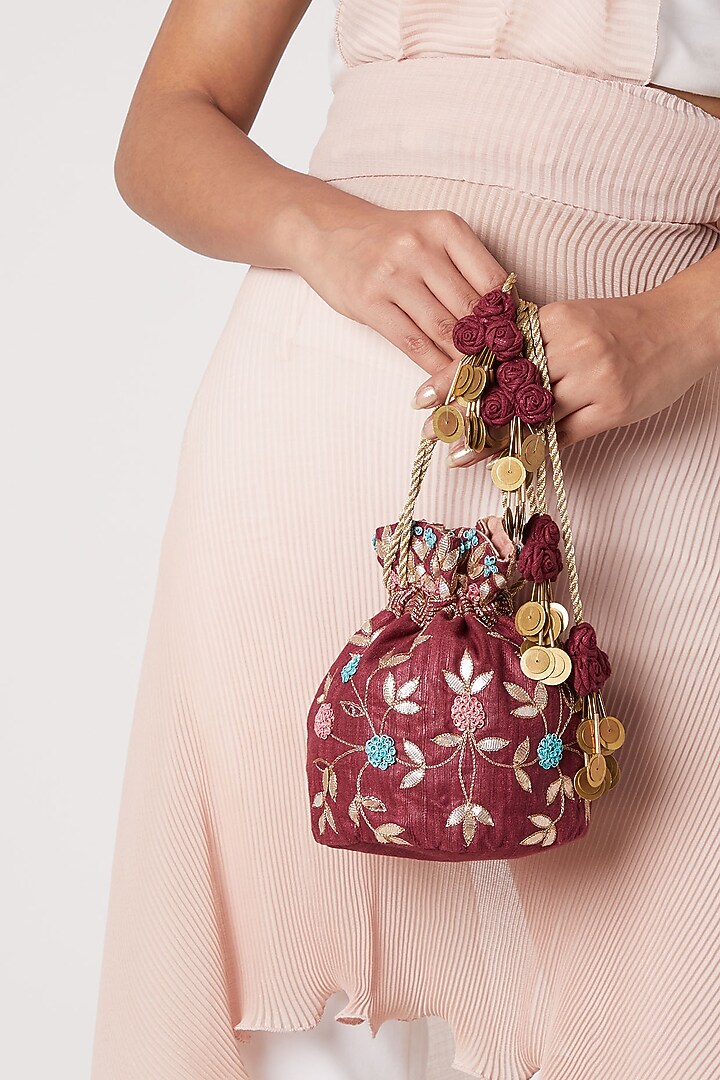 Maroon Resham Embroidered Potli by Vareli Bafna Designs at Pernia's Pop Up Shop