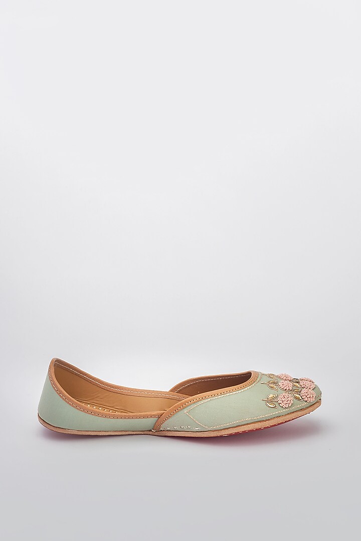 Green French Knot Embroidered Juttis by Vareli Bafna Designs at Pernia's Pop Up Shop