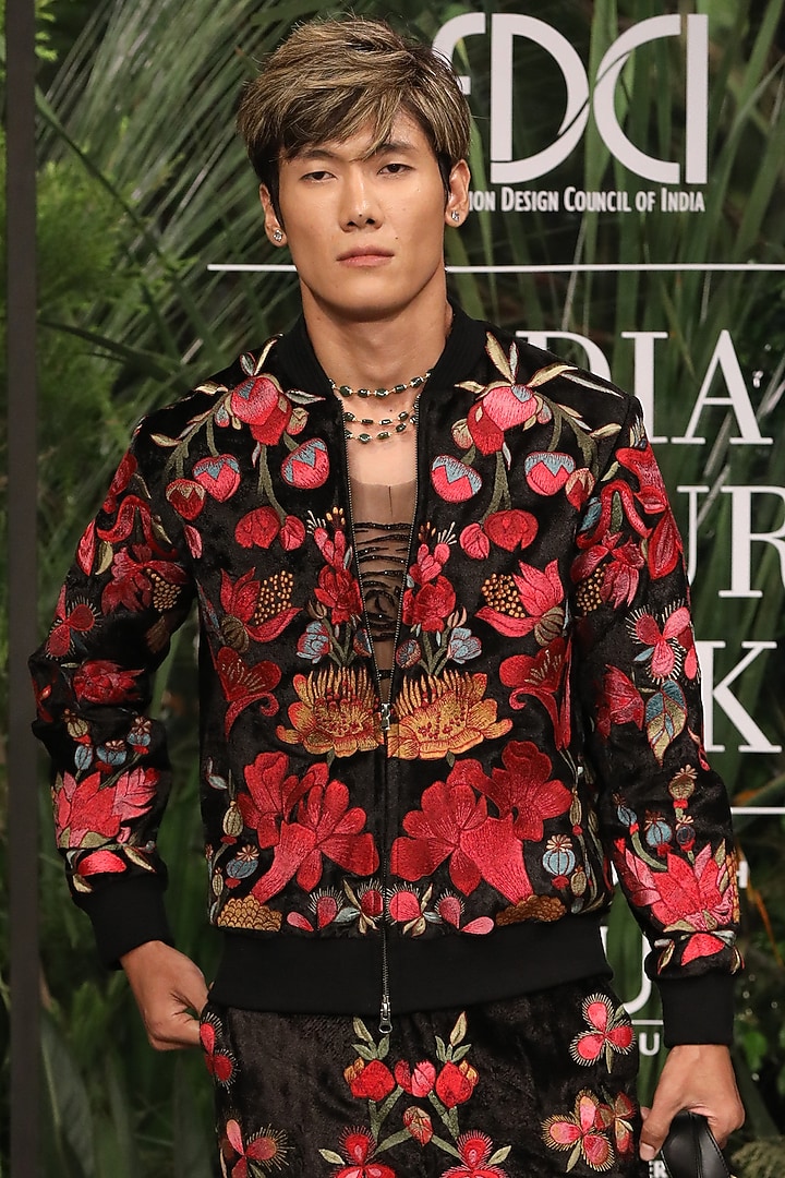Black Rayon Velvet Machine Embroidered Bomber jacket by Varun Bahl Men at Pernia's Pop Up Shop