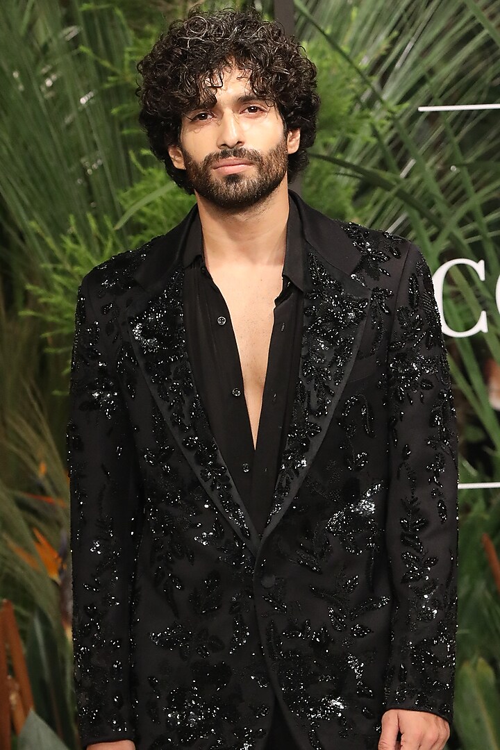 Black Suiting Fabric Embroidered Tuxedo Set by Varun Bahl Men at Pernia's Pop Up Shop