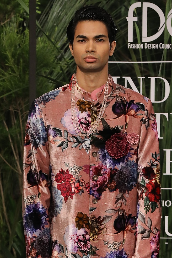Old Rose Pink Silk Velvet Printed Groom Sherwani Set by Varun Bahl Men at Pernia's Pop Up Shop