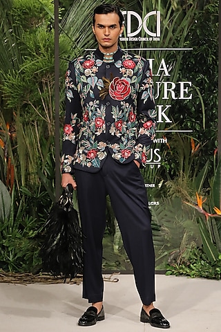 Navy Blue Suiting Fabric Embroidered Bandhgala Set by Varun Bahl Men