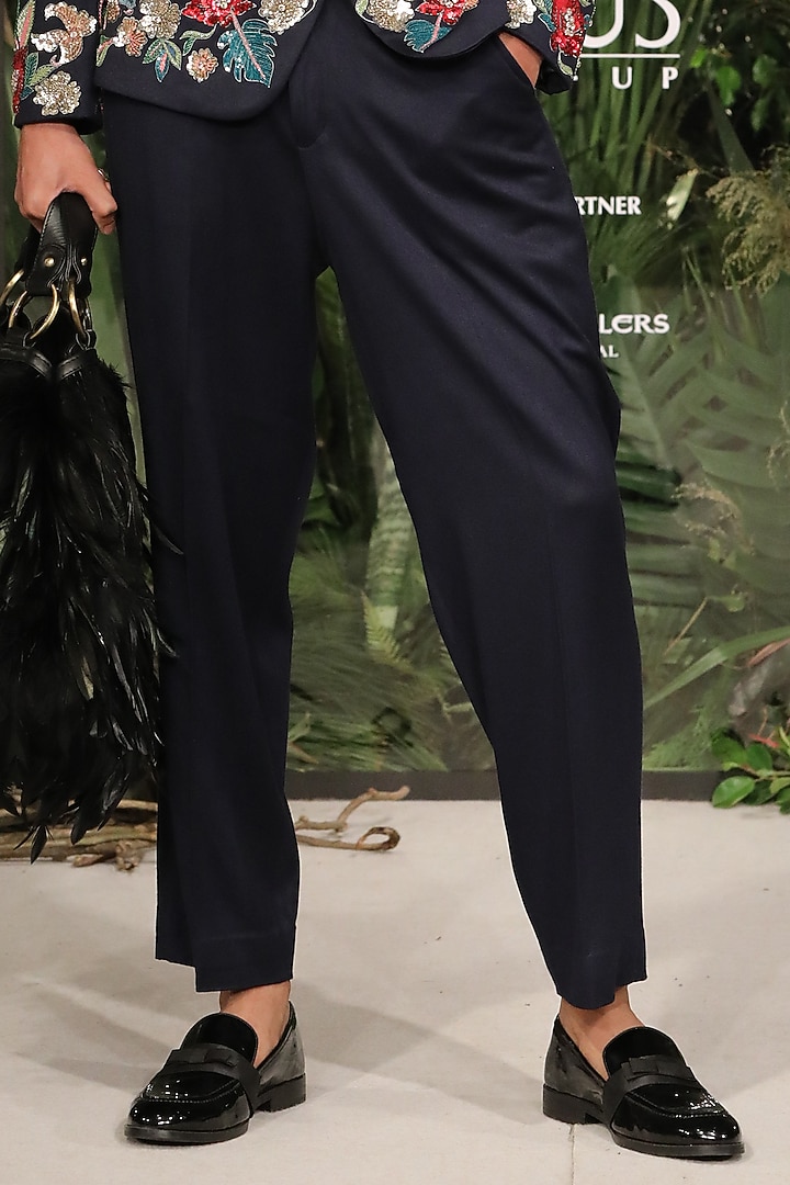 Navy Blue Suiting Fabric Embroidered Groom Bandhgala Set by Varun Bahl Men at Pernia's Pop Up Shop