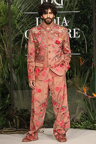 Old Rose Pink Poly Velvet Embroidered Bandhgala Set by Varun Bahl Men