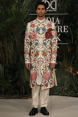 Ivory Modal Dupion Embroidered Sherwani Set by Varun Bahl Men