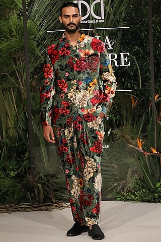 Green Silk Velvet Floral Printed Bandhgala Set by Varun Bahl Men