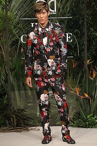 Black Cotton Silk Printed Tuxedo Set by Varun Bahl Men