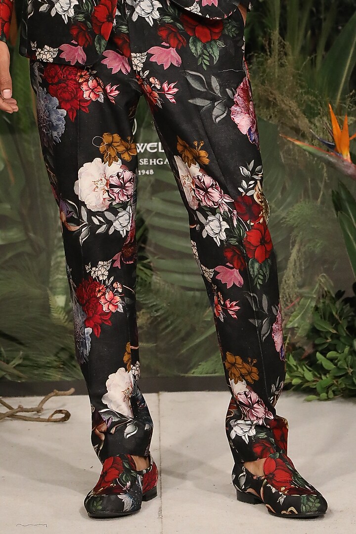 Black Cotton Silk Printed Tuxedo Set by Varun Bahl Men at Pernia's Pop Up Shop