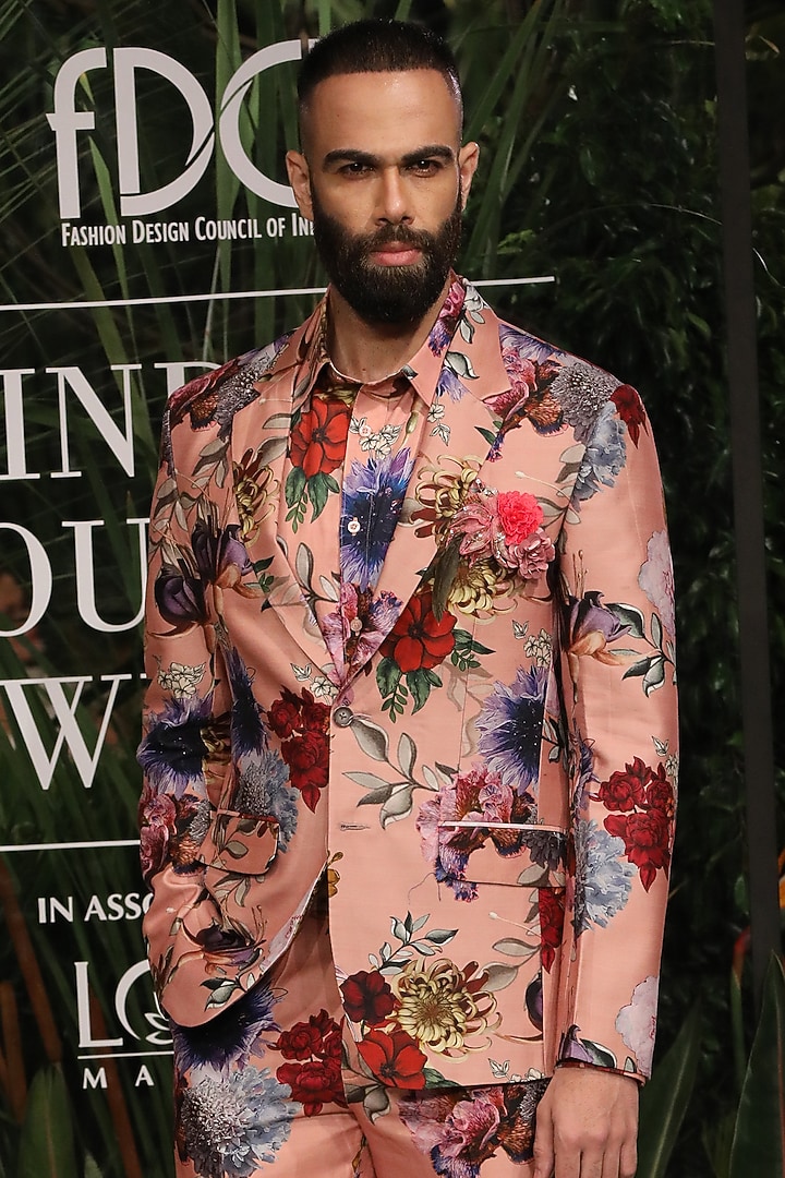 Old Rose Pink Cotton Silk Printed Tuxedo by Varun Bahl Men at Pernia's Pop Up Shop