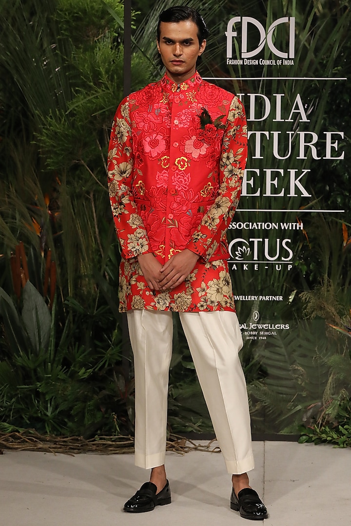 Red Modal Dupion & Cotton Silk Floral Machine Embroidered Bundi Jacket Ser by Varun Bahl Men