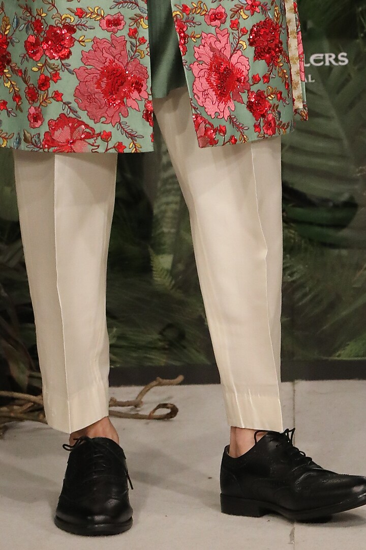 Sage Green Chanderi Floral Cutdana Embroidered Groom Sherwani Set by Varun Bahl Men at Pernia's Pop Up Shop