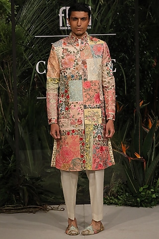 Multi-Colored Chanderi & Cotton Silk Machine Embroidered Upcylced Sherwani Set by Varun Bahl Men