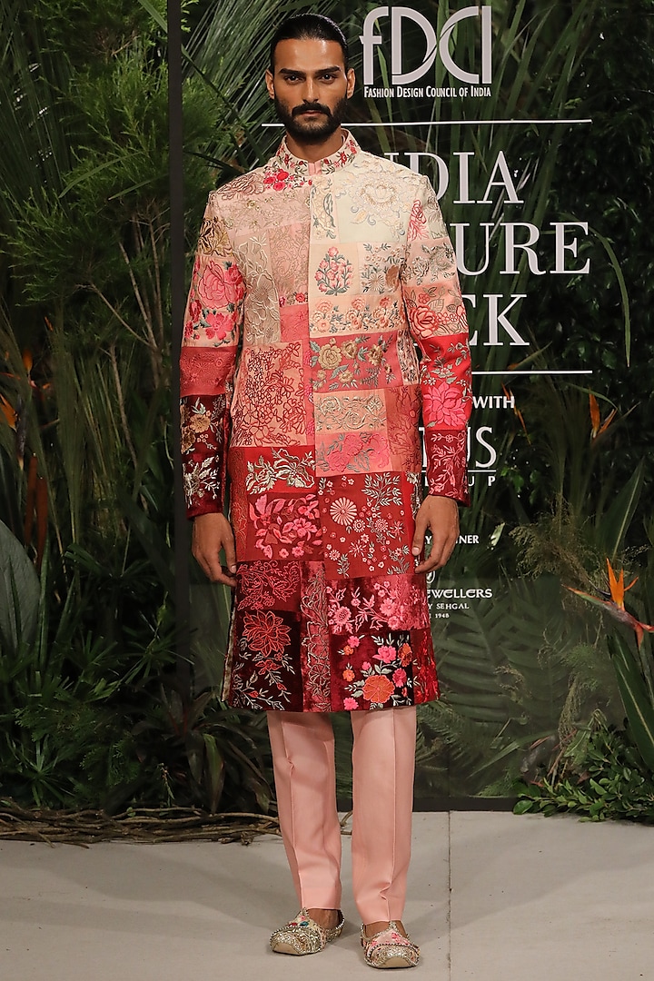 Red Ombre Modal Dupion Embroidered Upcycled Sherwani Set by Varun Bahl Men