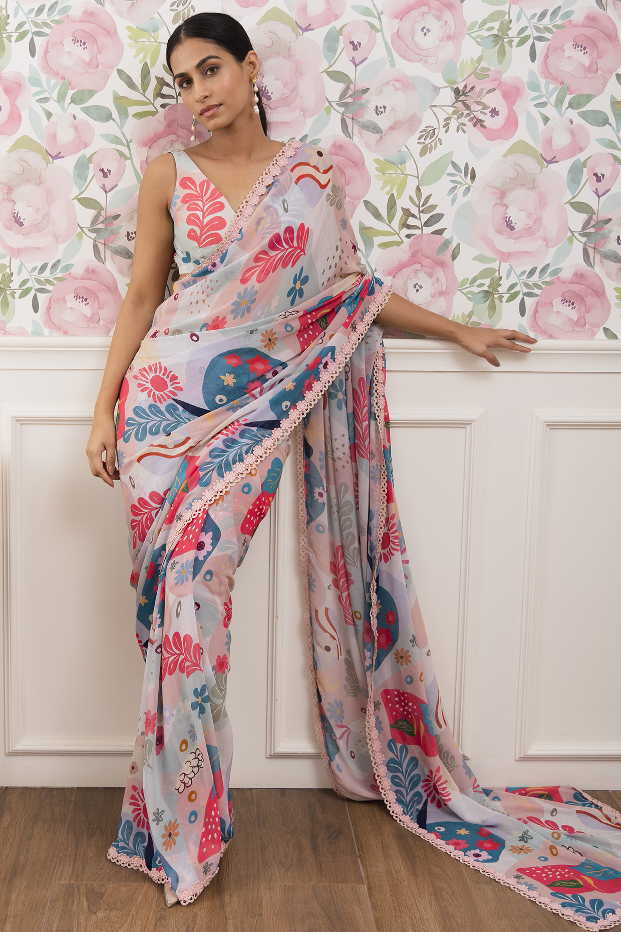 Multi-Colored Georgette Printed Party Wear Saree Set by Varun Bahl Pret at Pernia's Pop Up Shop