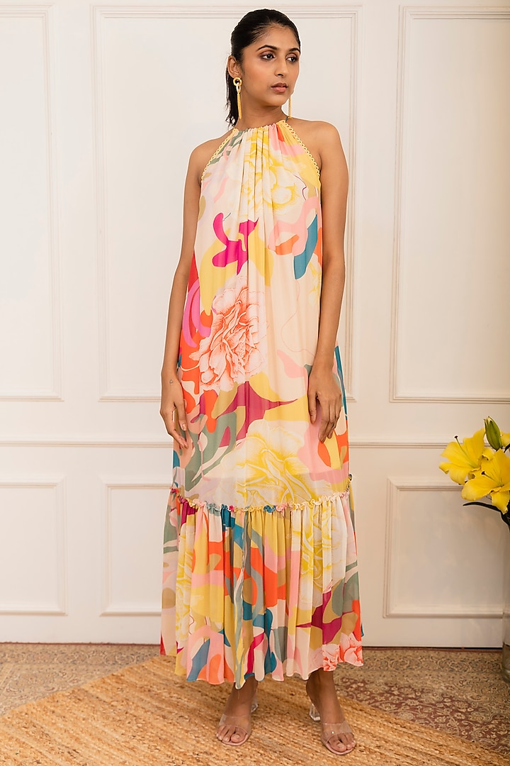 Multi-Colored Georgette Floral Printed Tiered Maxi Dress by Varun Bahl Pret
