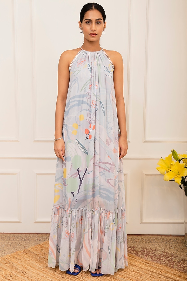 Ice Blue Georgette Floral Printed Tiered Maxi Dress by Varun Bahl Pret