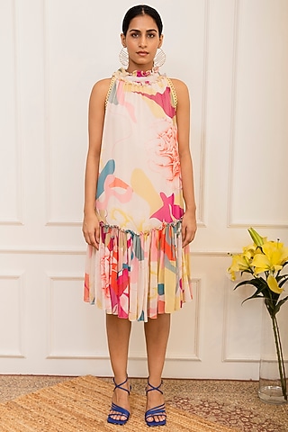 Multi-Colored Georgette Floral Printed Tiered Midi Dress by Varun Bahl Pret