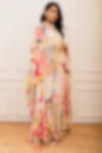 Multi-Colored Georgette Floral Printed Ruffled Cape Dress by Varun Bahl Pret