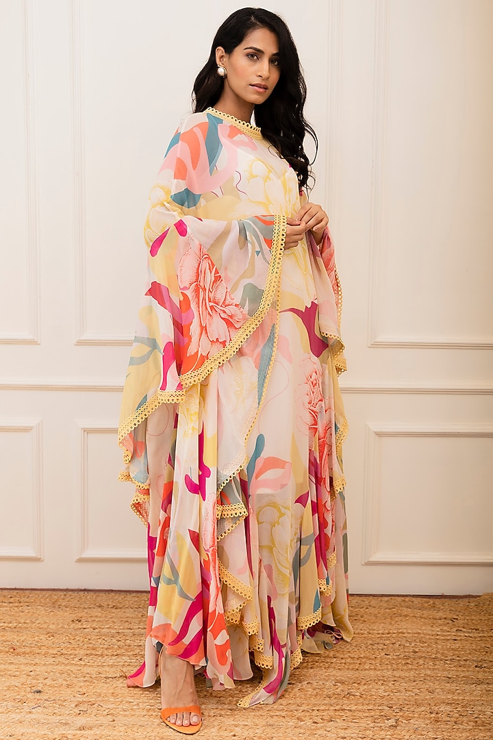 Multi-Colored Georgette Floral Printed Ruffled Cape Dress by Varun Bahl Pret